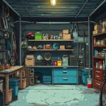garage, shed, storage, room, cartoon, background, backdrop, junk, old, house, outbuilding, ai generated