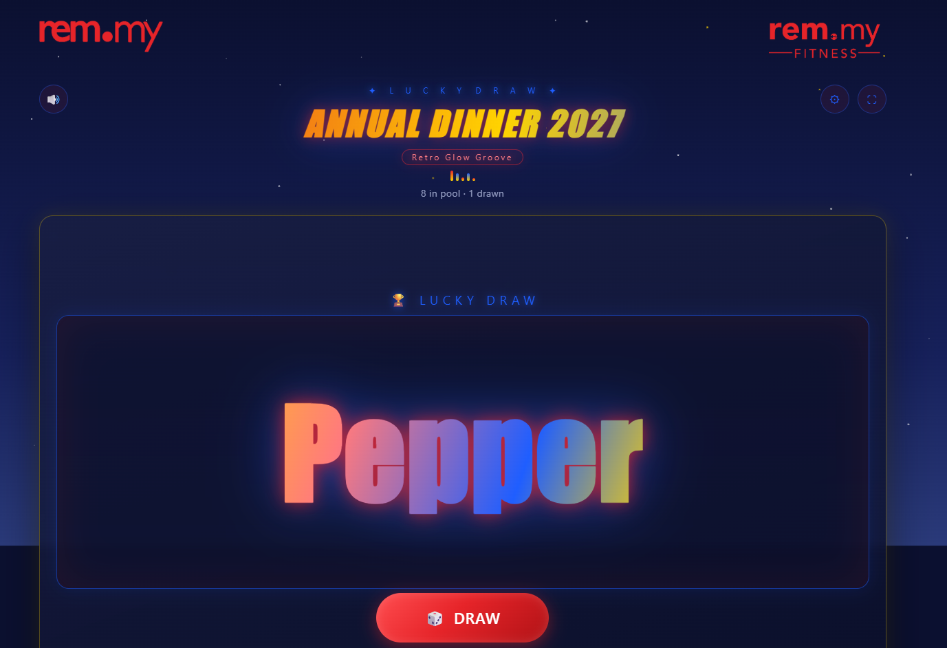 Lucky Draw app — the draw screen of the annual dinner name randomiser